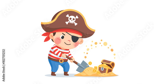 Cute cartoon pirate child discovering treasure with playful expression and