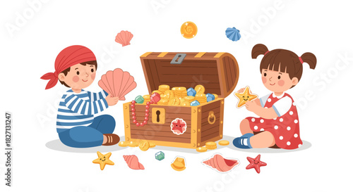 Children Playing with Treasure Chest Filled with Coins and Toys in a Fun