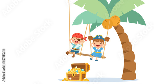 Playful children enjoying a sunny day swinging under a tropical palm tree