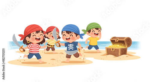 Children Engaging in a Playful Beach Treasure Hunt with Pirate Themes and