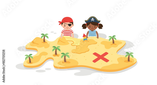 Children Playing Pirate Adventure on a Cartoon Treasure Map with Hidden X Mark