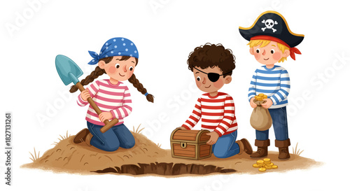 playful children dressed as pirates discovering buried treasure on a sunny day