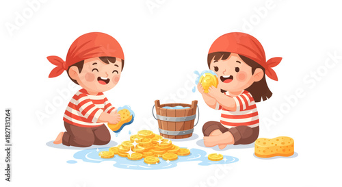 Children dressed as pirates happily collecting shiny gold coins outdoors
