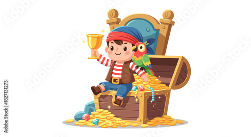 Adventurous young pirate boy celebrating treasure find with colorful parrot