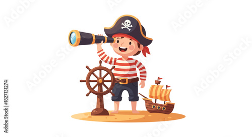 Playful child dressed as a pirate exploring with telescope and ship miniature