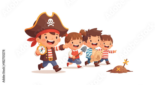 Whimsical Pirate Children Adventure Exploring Hidden Treasure and Playful Crew