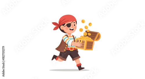 Whimsical cartoon of a young pirate boy happily collecting gold coins from a
