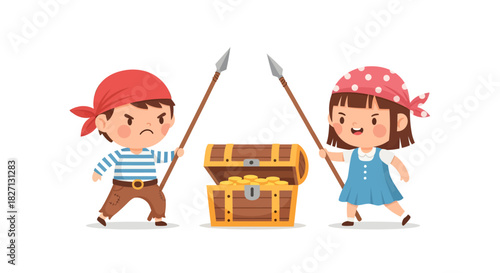 Playful children dressed as pirates with a treasure chest and spears in a fun