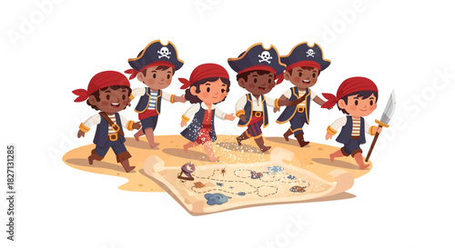 Children dressed as pirates exploring a sandy beach with treasure map and