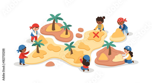 Colorful children's pirate adventure game with island exploration and treasure