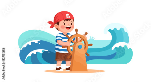 Children Playing as a Pirate Captain Navigates the Ocean with a Ship's Wheel
