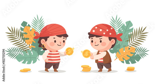 Cute cartoon children with pirates hats exchanging coins amidst tropical foliage
