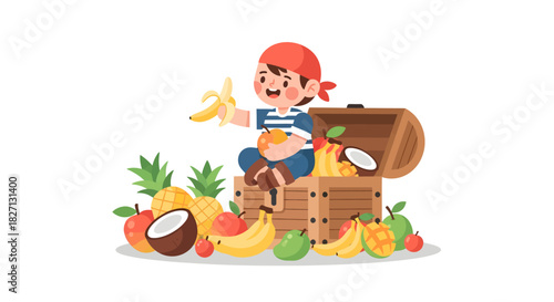Playful young boy enjoying tropical fruit bounty with open wooden chest