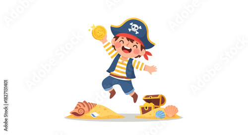 Joyful young pirate boy celebrating treasure hunt with gold coins and sandy
