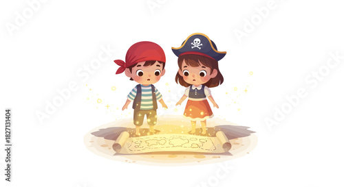 Adventurous children dressed as pirates exploring a treasure map in a playful