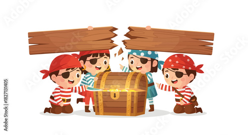 Children dressed as pirates discovering a mysterious treasure chest in a