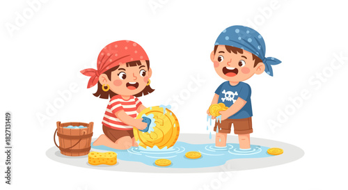 Children Playing with Gold Coins and Sponge in Shallow Water on Beach during