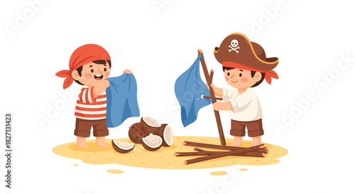 Children dressed as pirates building a creative sandcastle adventure in