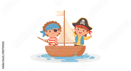 Adventurous children dressed as pirates sailing toy boat on water with playful