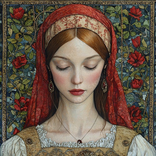 Renaissance portrait of woman with red headscarf and roses fine art print and wall art for sale