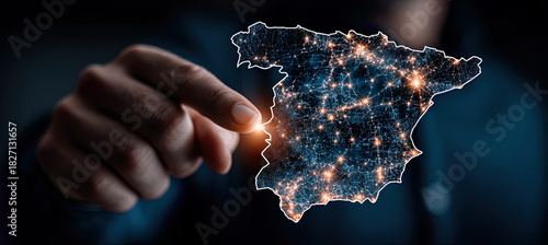 Hand touching spain map digital network technology. Generated with ia