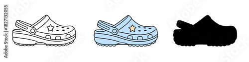 Graphic Set of Clog Shoe with Star Decoration in Outline Color and Silhouette Isolated