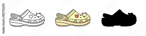 Three Renderings of Cartoon Style Slip On Clog Shoe with Heart and Animal Accents