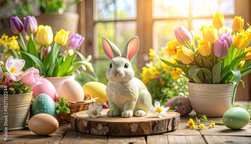 Easter scene with bunny, eggs, and tulips. Sunny, spring decor