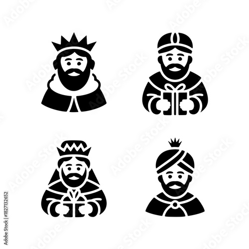 Kings' Gathering: A set of four artistic depictions of kings, each bearing unique crowns and attire, with a minimalist aesthetic perfect for cultural and design projects.