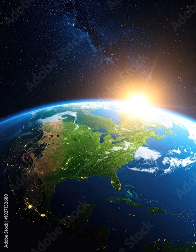 Earth view from space with a sunrise illuminating North America and the galaxy