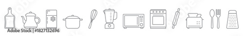 Kitchen appliances line icon set. Modern outline symbols for cooking, home electronics, and household equipment. Simple graphic elements, editable stroke, isolated on transparent background.