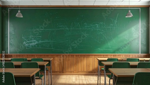 Empty classroom with green chairs, wood desks, and a large chalkboard