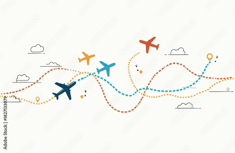 Obraz premium Multiple colorful airplanes fly across light background. Plane leaves distinct dotted path, marking travel route with map pins for start, destination points. Graphic illustrates global air transport,