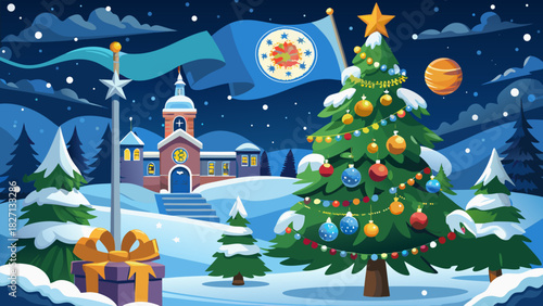 Very beautiful festive outdoor scene featuring a snow-covered Christmas tree adorned with ornaments, with the Rhode Island state flag gently waving nearby, creating a cheerful New England holiday atmo