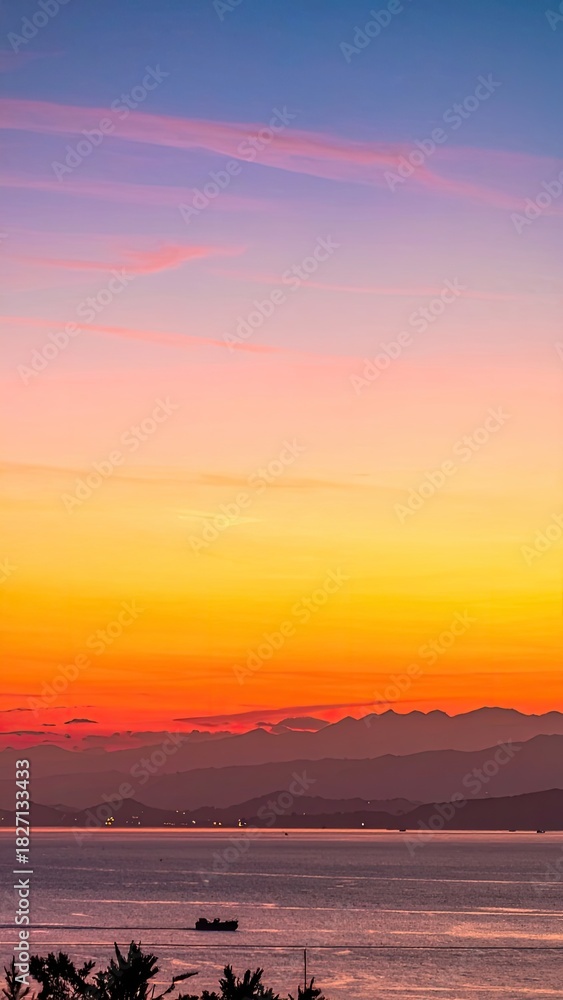 Fototapeta premium Vivid sunset colors over ocean, with hazy mountains and a boat silhouette