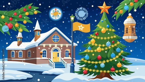 Very beautiful festive outdoor scene featuring a snow-covered Christmas tree adorned with ornaments, with the Rhode Island state flag gently waving nearby, creating a cheerful New England holiday atmo