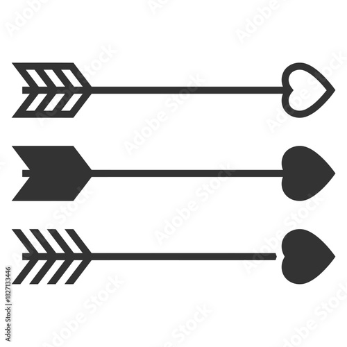 Three variations of an arrow icon with heart shapes on ends