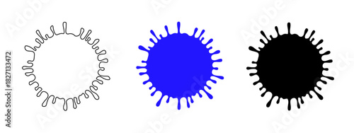 Trio of Ink Splatter Illustrations in Black Outline, Blue Fill and Solid Black Isolated on White