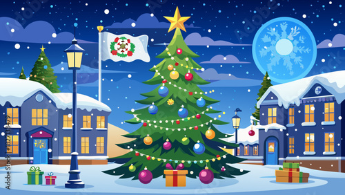 Very beautiful festive outdoor scene featuring a snow-covered Christmas tree adorned with ornaments, with the Rhode Island state flag gently waving nearby, creating a cheerful New England holiday atmo