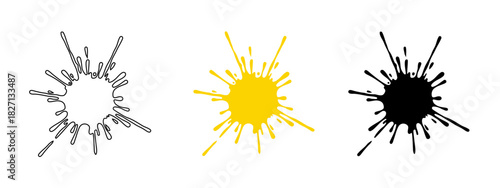 Three Ink Splatters in Outline, Yellow, and Solid Black on a White Background