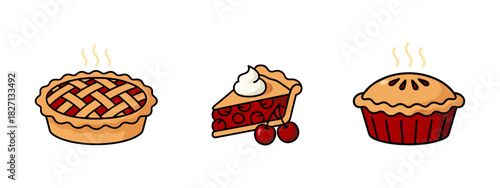 Illustration of a Freshly Baked Whole Cherry Pie, a Sliced Portion, and a Cupcake Pie