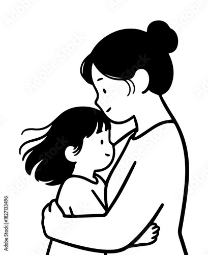 A black and white doodle illustration drawn with a marker of a mother who hugs her daughter on a white isolated background. Vector graphics. EPS.