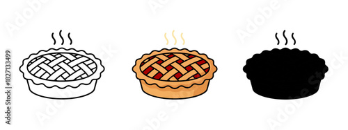 Cartoon Vector Displaying a Freshly Baked Pie in Outline, Color, and Solid Black