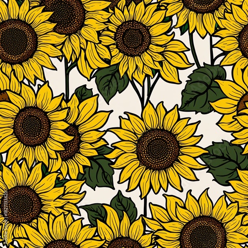 Vibrant yellow sunflowers with green leaves seamless pattern, one tile
