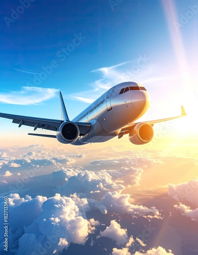 Airplane soaring above fluffy clouds towards bright, sunlit sky