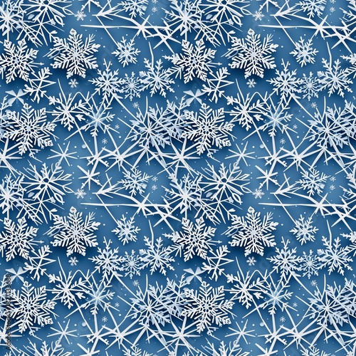 White snowflakes of various sizes and shapes on a dark blue background. The pattern is seamless, creating a cool and festive atmosphere. Seamless pattern, four tiles
