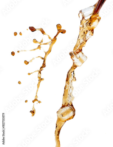 Coffee drink water mix ice cube fall pouring down in Shape form line of espresso black coffee splashes into drop soda cola attack fluttering in air, stop motion freeze shot. Splash coffee cola drink