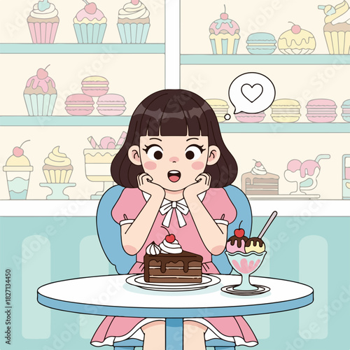 An excited cartoon girl in a charming pastel cafe eagerly anticipates a decadent chocolate cake and a delightful ice cream sundae, surrounded by an inviting display of sweet pastries