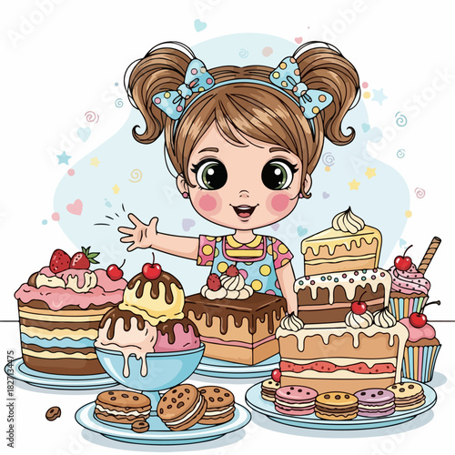 Delightful cartoon girl surrounded by a delectable assortment of sweet treats, including layered cakes, cupcakes, cookies, and ice cream, radiating pure joy and excitement for dessert indulgence