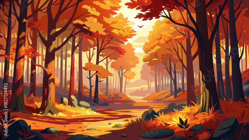 Very beautiful autumn forest scene featuring a dense New England woodland with vibrant fall foliage in shades of red, orange, and yellow, sunlight filtering through the trees, and a serene seasonal at
